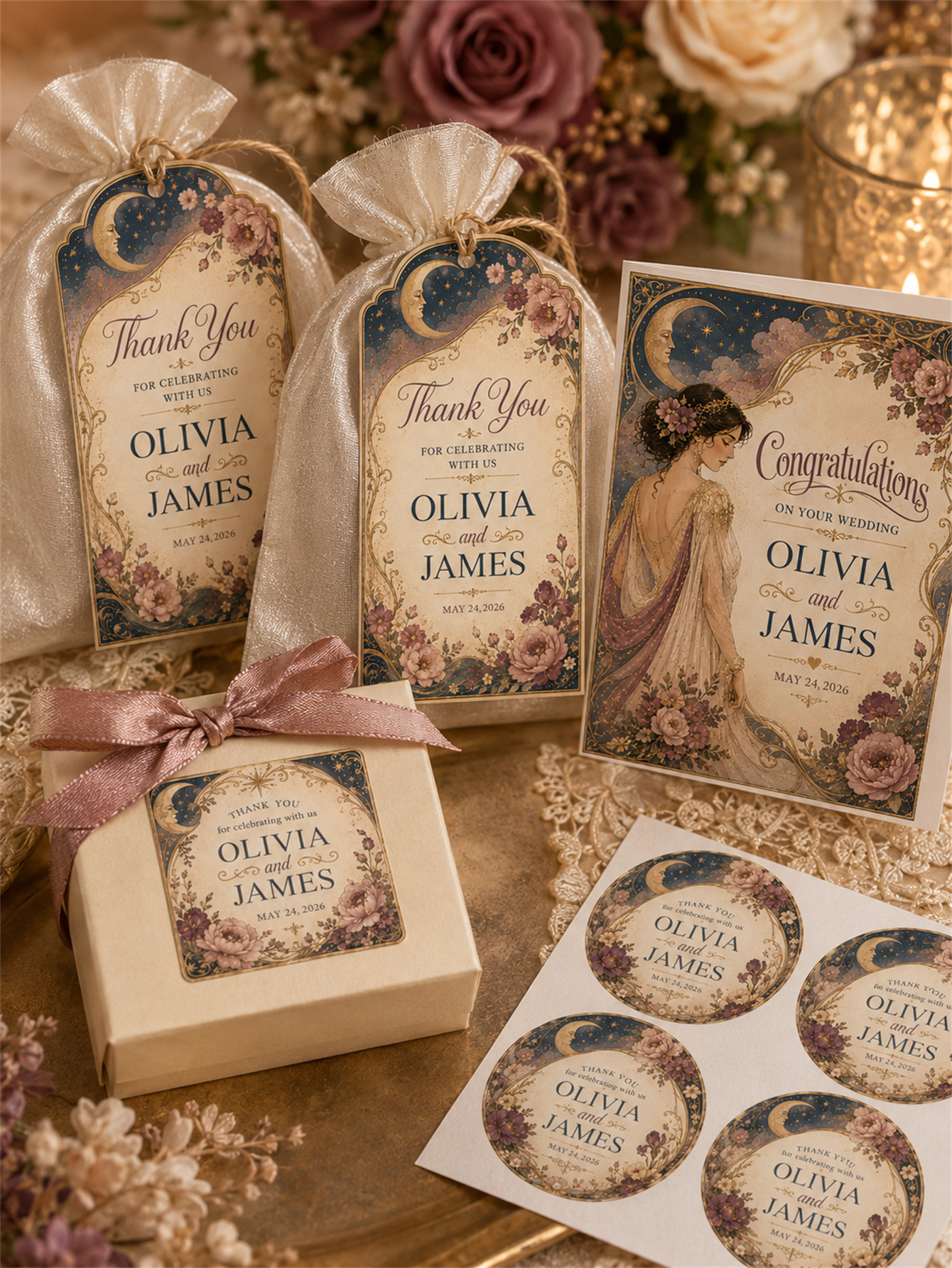 Celestial retro wedding decorations - moon and star Gothic romantic floral designs Navy blue, gold and Burgundy - custom names and dates